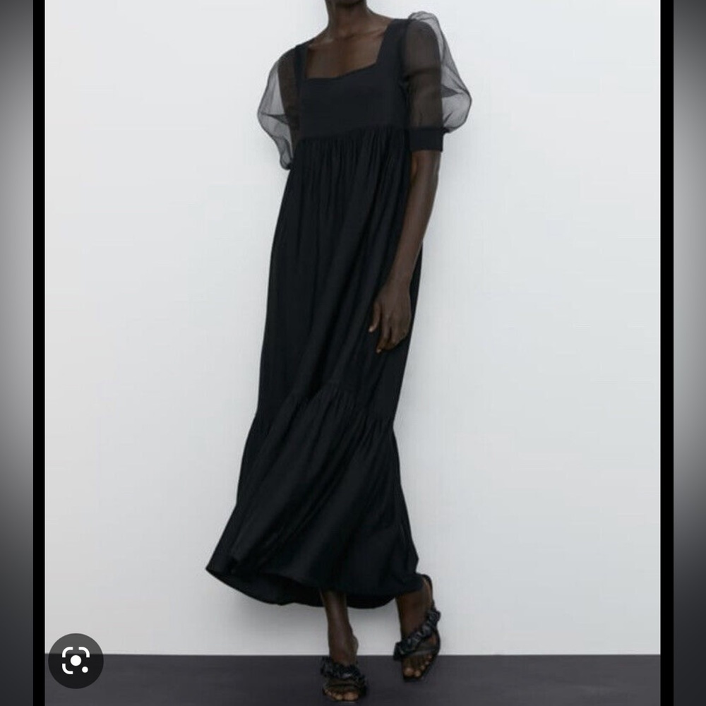 Beautiful black empire waist dress w/ organza puff sleeves